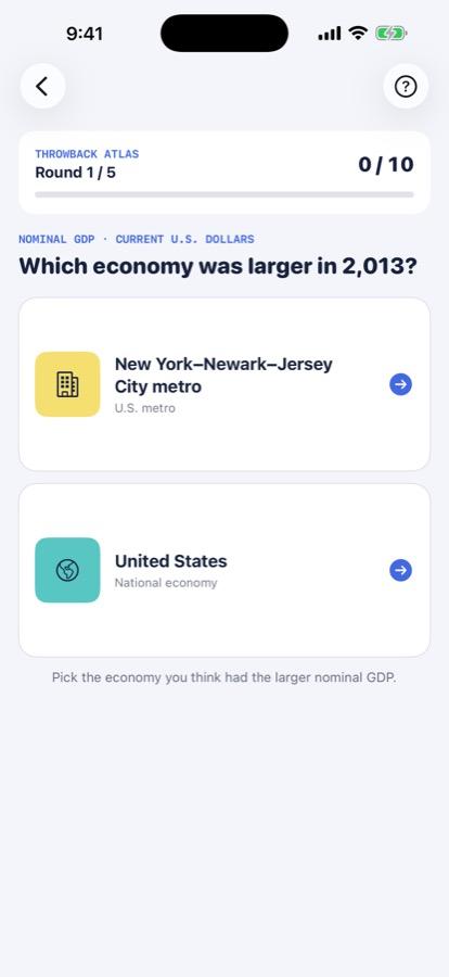 Ballpark on iPhone, asking which economy was larger in 2013; no answer is shown