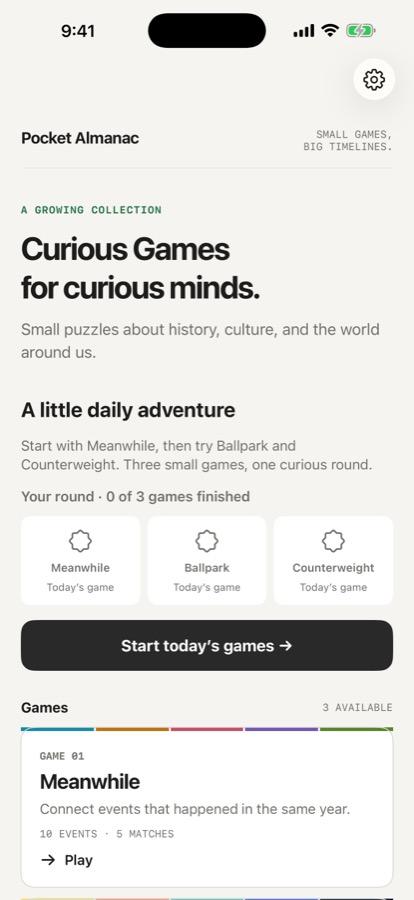 Pocket Almanac iPhone game directory with a three-game round